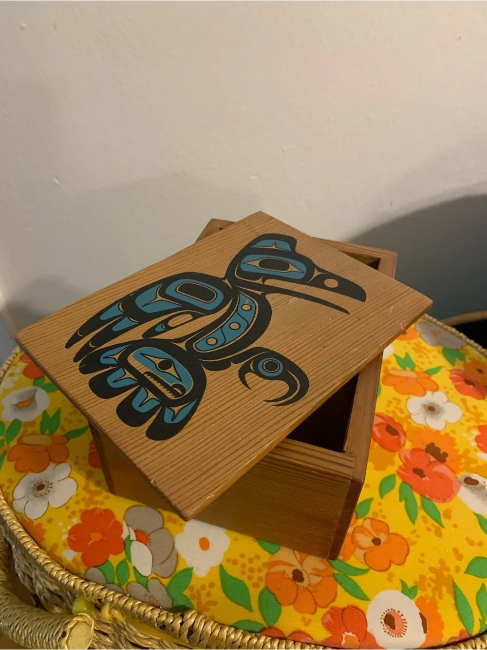 Vintage signed Hand-Painted Wooden Keepsake Box with tribal Blue Raven Motif
